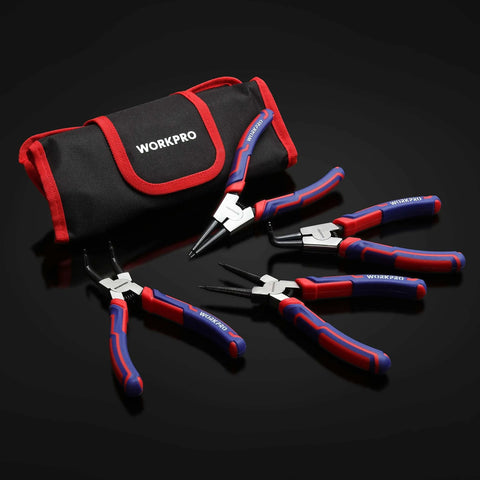 Pro Grade Four Piece Snap Ring Pliers Set for Internal and External Circlips, Heavy Duty Seven Inch Pliers Kit, with storage pouch