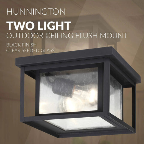 Two Light Outdoor Ceiling Fixture In Black Cast Aluminum, 30W, Wet Location Rated, featuring Hunnington style with seeded glass.