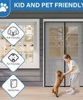 Upgraded PET Mesh Magnetic Screen Door with Hands Free Entry That Is Stronger Than Fiberglass And Polyester Keeps Bugs Out Pet And Kid Friendly Fits Sliding Doors Patio And French Doors 74 By 80 Inches installed on house with child and dog