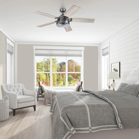 Industrial 52 Inch LED Ceiling Fan With Remote Light Kit, Dual Mounting, installed in modern coastal style bedroom, iron finish