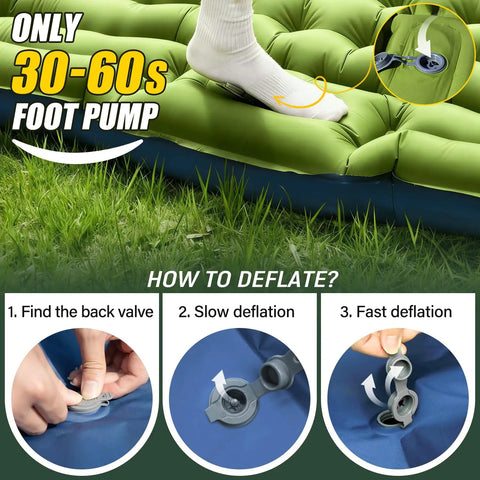 Foot pressing foot pump on Double Sleeping Pad For Two With Built In Pillows, Self Inflating 4 Inch Thick Inflatable Sleeping Mat
