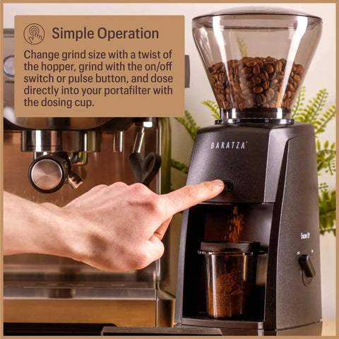 Premium Black Conical Burr Coffee Grinder Crafted For On Point Espresso Pulls Featuring Slick Micro Dial Controls A Top Shelf Build That Always Delivers The Goods For Real Coffee Heads in use, adjusting grind size.