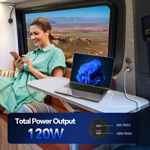 Beast Mode 120W Dual Port Car Charger With 100W PD3.0 Type C Fast Charging Socket And 20W USB A Outlet powering laptop in RV.