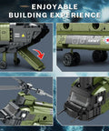 Close-up collage of CH-47 Military Helicopter Building Set For Adults And Kids highlighting features like wheels and cockpit.