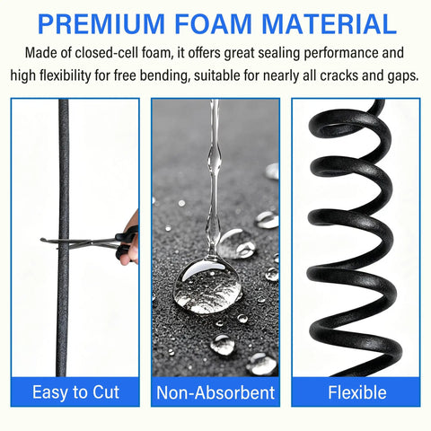 Close-up of Heavy Duty Closed Cell Foam Backer Rod Bond Breaker Cord One Inch Diameter Ten Foot Gray Roll, showcasing cutting ease, moisture resistance, and flexibility.