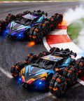 Two Epic 8 Wheel Hand Controlled RC Stunt Cars with Gesture Sensing Remote race on a track, showcasing durable build for realistic tricks.