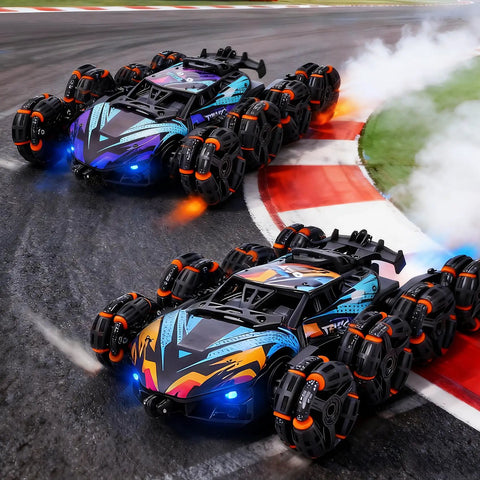 Two Epic 8 Wheel Hand Controlled RC Stunt Cars with Gesture Sensing Remote race on a track, showcasing durable build for realistic tricks.