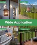 Four scenes showing a Deck Hook Railing And Fence Mount 28 Inch Powder Coated Metal Shepherds Hook Bracket for various outdoor hangers.