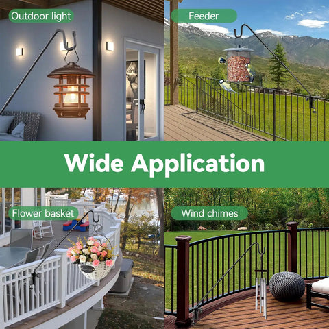 Four scenes showing a Deck Hook Railing And Fence Mount 28 Inch Powder Coated Metal Shepherds Hook Bracket for various outdoor hangers.