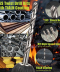 HSS twist drill bits with TiALN coating, showing sharp head and multiple material uses.