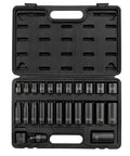 Three Eighth Inch Drive 12 Point SAE Impact Socket Set 25 Piece Built Tough In CR MO Alloy Steel in open blow molded case