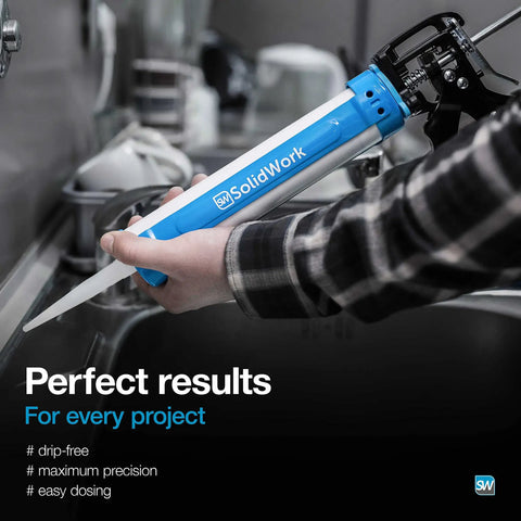 Person using Drip Free Caulk Gun With Ergonomic Steel Handle, Fits One Tenth Gallon Cartridges, Adjustable Thrust for clean sealing