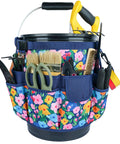 Bucket Caddy Organizer For Garden Tools Fits 3.5 To 5 Gallon Buckets Workhorse Tool Tote With Inside And Outside Pockets Blue Flower Design