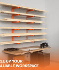 Beefy Heavy Duty Wood Organizer And Lumber Storage Wall Mount Rack With Six Levels Holds Up To 1200 Lbs indoors or outdoors, orange wall mount, six shelves, above a workbench
