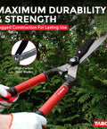 Telescopic Hedge Shears With Wavy Blade And Extendable Steel Handles for trimming tall hedges, shown in use outdoors.