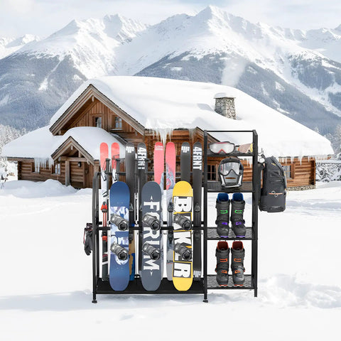 Total Game Changer For Your Ride This Freestanding Ski And Snowboard Stand holds skis, snowboards, boots, and helmets in winter setting.