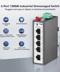 Rugged 5 Port Industrial Gigabit Ethernet Switch For DIN Rail And Wall Mount, Unmanaged And Plug-N-Play, front view