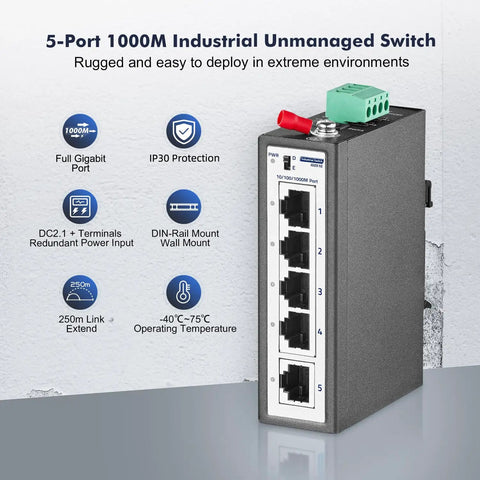 Rugged 5 Port Industrial Gigabit Ethernet Switch For DIN Rail And Wall Mount, Unmanaged And Plug-N-Play, front view
