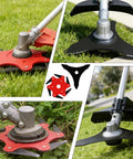 Collage of Heavy Duty 6 Blade 65Mn Steel Trimmer Head With 3 Tooth Brush Cutter Blade And Universal Adapter Kit in action
