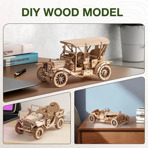 Three assembled DIY wood models of vintage cars on a desk and shelf, showcasing intricate design and detailing for crafting projects.