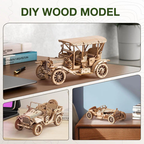 DIY wood model kits displayed on a table featuring various vehicle designs for crafting and assembly projects.