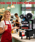 Straight Up Heavy Duty Commercial Boba Cup Sealer Machine With Digital Control in cafe sealing drinks.