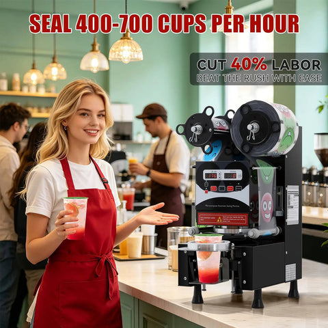 Straight Up Heavy Duty Commercial Boba Cup Sealer Machine With Digital Control in cafe sealing drinks.