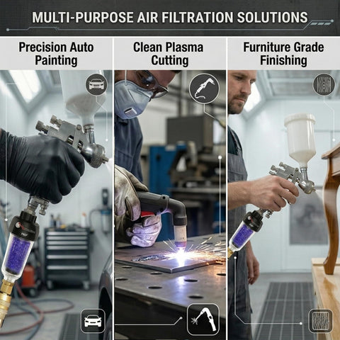 Desiccant Air Dryer System For Pneumatic Tools And HVLP Spray Guns, Removes Oil, Water And Moisture, In-Line Dryer in use