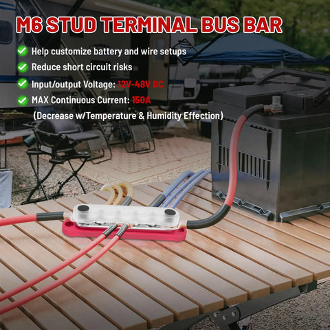 Heavy Duty 150 Amp 12V Bus Bar With Cover Rock Solid M6 Studs for clean wire setup on a wooden table with connections.