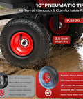 Close-up view of 10-inch non-slip pneumatic tire on Heavy Duty Garden Dump Cart For Yard Farm And Garden Hauling With 900 lb Capacity.