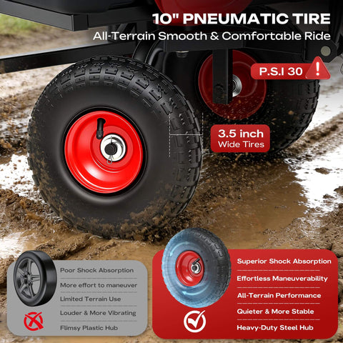 Close-up view of 10-inch non-slip pneumatic tire on Heavy Duty Garden Dump Cart For Yard Farm And Garden Hauling With 900 lb Capacity.