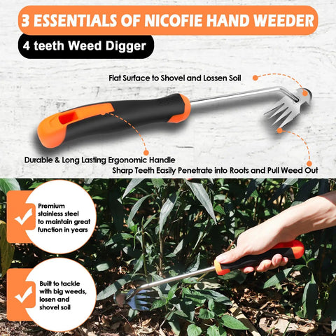 Three-Piece Hand Weeder Tool Set With Rubber Handles, Crack Crevice Weeder, Uprooting V-Shaped Weeder, And Four Teeth Digger For Deep Root Removal In Lawn, Garden, Sidewalk Cracks, Easy Pull Weed Tools For Every Gardener, stainless steel