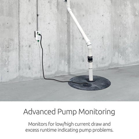 WiFi Sump Pump Smart Outlet 2 Point 0 with 24 7 Remote Monitoring and Alerts Basement Flood Monitoring device on wall.