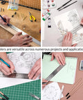 Collage showing 36 Inch Cork Back Stainless Steel Ruler With Non Slip Grip Pro Grade Precision used in crafting, drawing, and drafting.