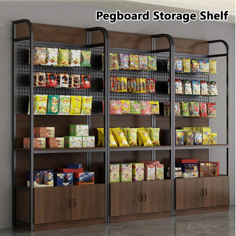 Rock Solid Retail Display Rack With Pegboard And Hooks, Freestanding Store Shelving Stand, Handy Storage Cabinet Below, No Sweat Setup For Boutiques And Convenience Shops, Dark Walnut Finish Game Changer