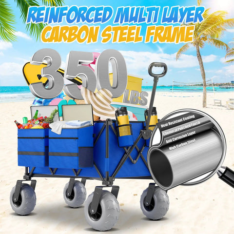 Blue Heavy Duty Folding Wagon For Sand And Outdoors, 350 Lb Capacity, Oversized 180 Liter Cargo Space with beach items