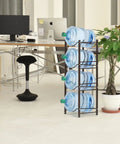 Sturdy Four Tier Water Bottle Display Rack With Steel Jug Holder in office setting, holding gallon bottles, black brown finish.