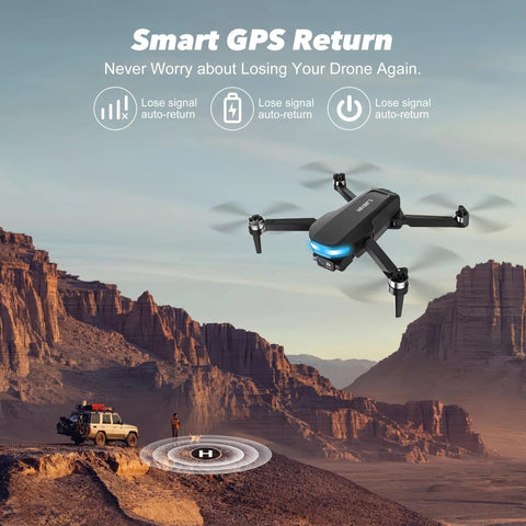 GPS Drone With EIS 2K Camera And 7.22 Inch Remote Screen FPV RC Drones With AI Track Night Shot Auto Return Follow Me Long Range Transmission 64 Min Flight Time 2 Batteries Ultra Lightweight Under 249g Handbag Included Beginner Friendly hovering over canyon with GPS return feature.