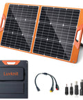 100W Portable Foldable Solar Panel With 18V Output And USB Charging, IP65 Waterproof, showing panels and accessories for camping.