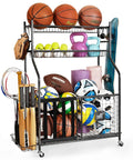 Garage Gear Sports Organizer With Hooks And Bins, storing balls, bats, and sports gear, features wheels and racks, space-saving design