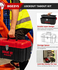 Person carrying Grab And Go Lockout Tagout Kit With 39 Pack OSHA Compliant Locks And Red Double Decker Toolbox For Industrial Electrical Breakers And Valves To Keep Startups From Accidents