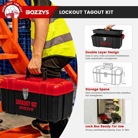 Person carrying Grab And Go Lockout Tagout Kit With 39 Pack OSHA Compliant Locks And Red Double Decker Toolbox For Industrial Electrical Breakers And Valves To Keep Startups From Accidents