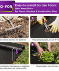 Steps to install Heavy Duty Weed Barrier Fabric 3 Ft By 50 Ft Woven Ground Cover for gardens, showing rake, cutting, and plant placement.
