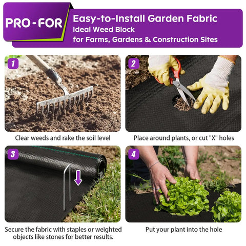 Steps to install Heavy Duty Weed Barrier Fabric 3 Ft By 50 Ft Woven Ground Cover for gardens, showing rake, cutting, and plant placement.