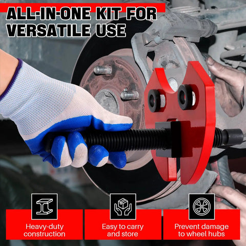 Person using Wheel Hub Removal Tool Kit For Cars And Trucks Universal 5 Lug 6 Lug 8 Lug Hubs Hub Buster Puller With Carrying Case