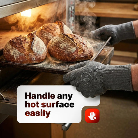 932F Extreme Heat Resistant Oven Gloves With Fingers used to handle hot bread in an oven, showcasing non slip silicone grip.