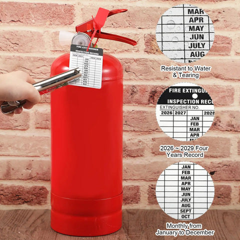 Heavy Duty Aluminum Fire Extinguisher Tags Bulk Pack Featuring Monthly 2026 To 2029 Dates on red fire extinguisher with inspection record.