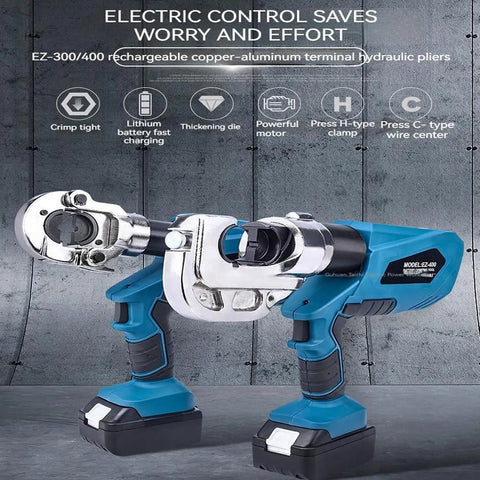Heavy Duty Electric Hydraulic Crimping Pliers Rechargeable Battery 360 Rotating Head Pro Grade Tool close-up with features highlighted.