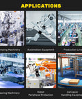 Collage of applications for Heavy Duty Safety Light Curtain Sensor: stamping machinery, automation, production line, shearing, robotics, conveyor.