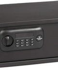 Digital Laptop Safe With Tamper Alarm And Silent Operation, Black Matte Finish, front view with keypad and lock knob visible